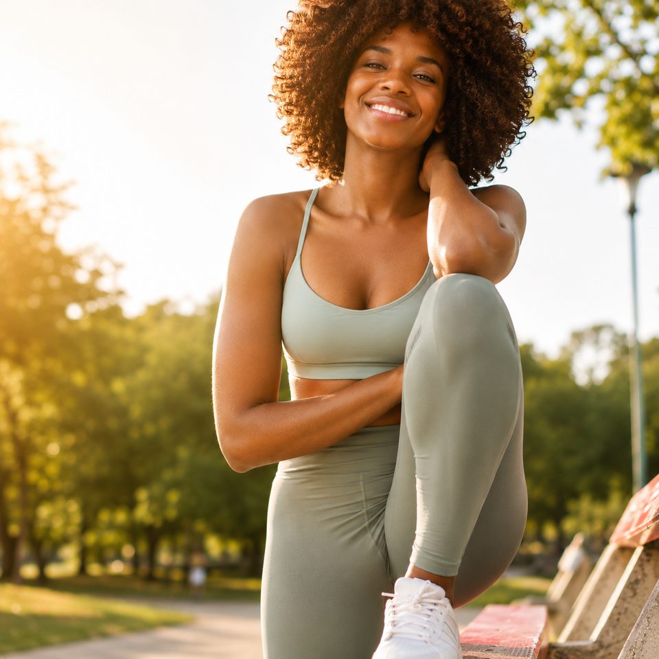 Woman in sage green activewear stretching in a sunny park, ready for workouts with smooth skin