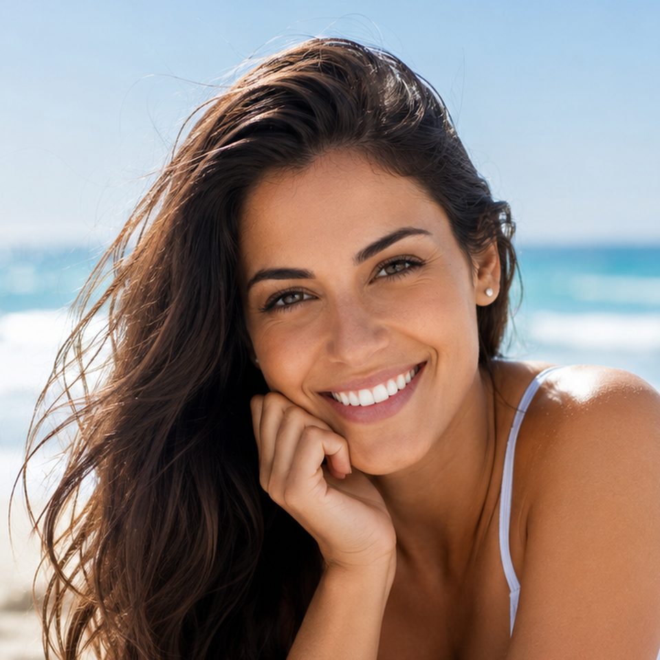 Woman smiling on the beach, comfortable and confident in swimwear